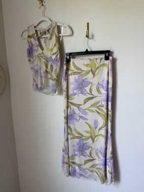 See you Monday Floral purple cream Maxi Skirt halter top two piece set